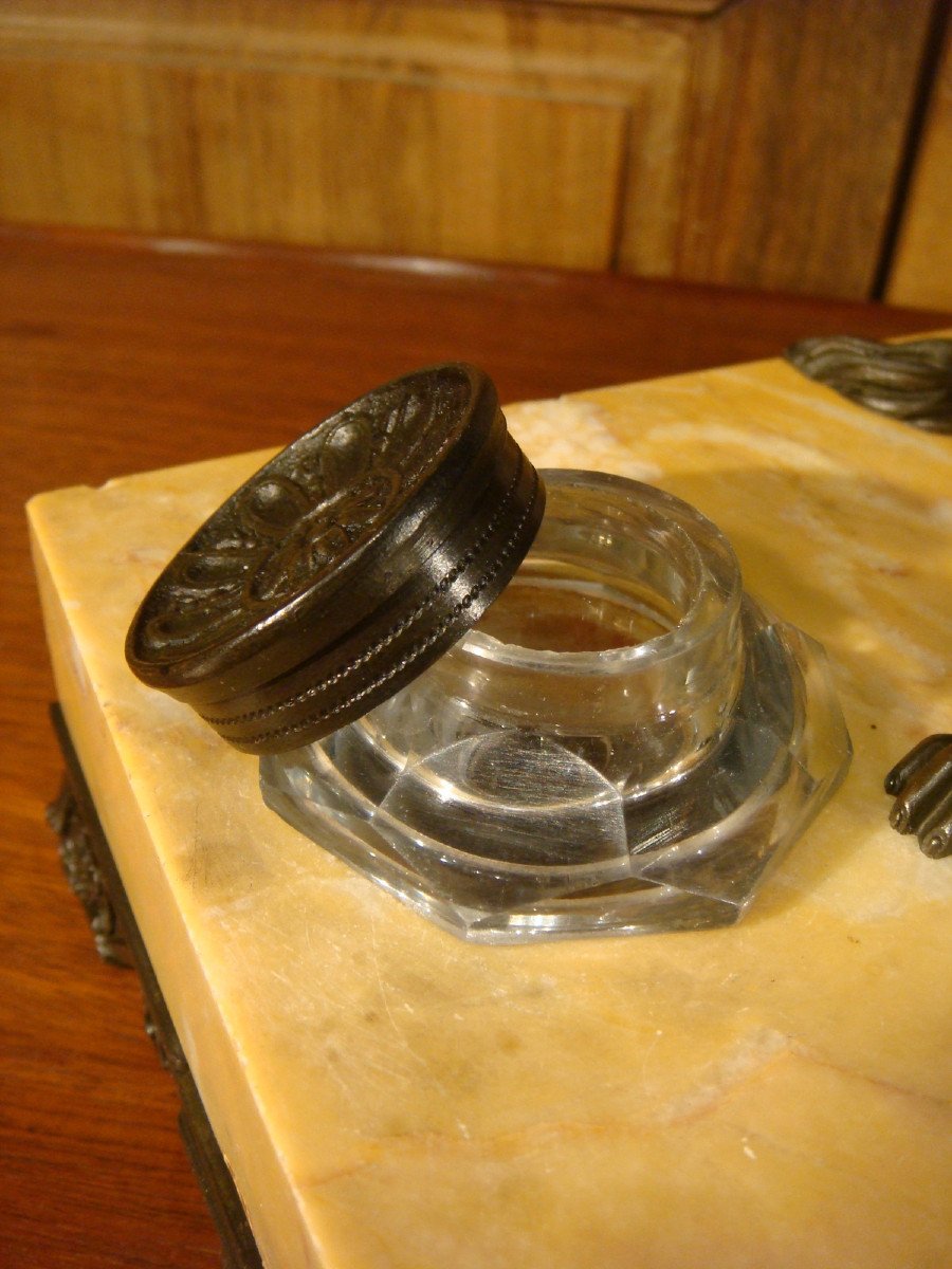 Marble Desk Inkwell And Bronze Dog-photo-8