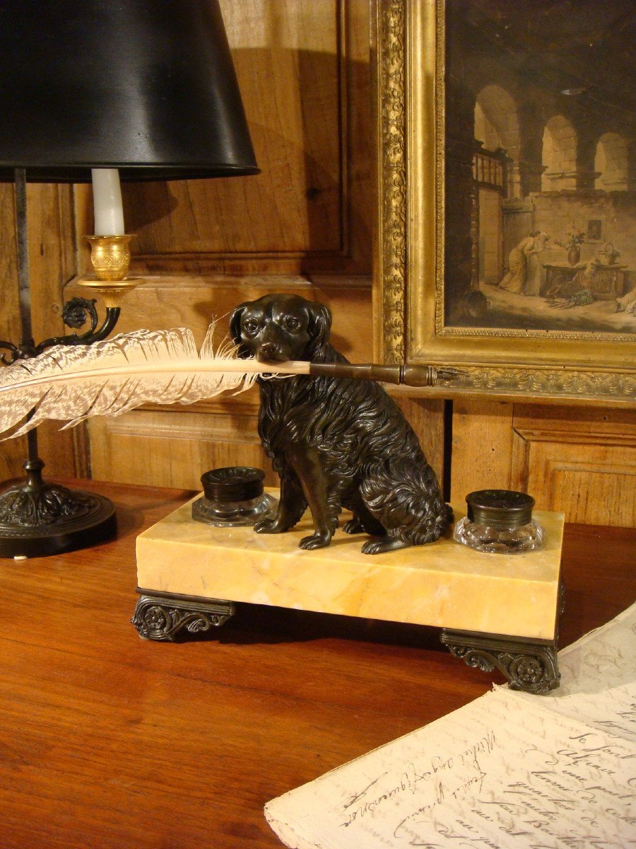 Marble Desk Inkwell And Bronze Dog