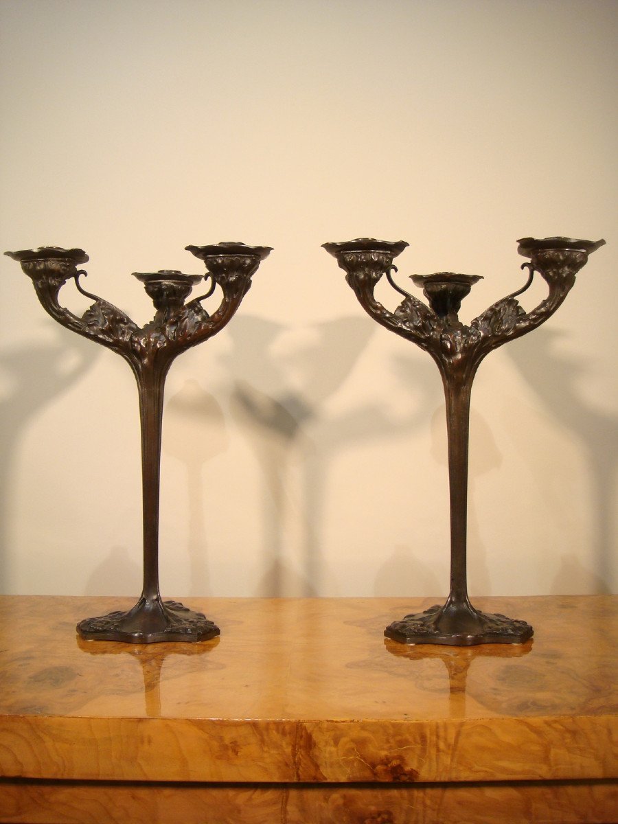 Pair Of Bronze Candelabras With Plants, Art Nouveau Period -photo-2