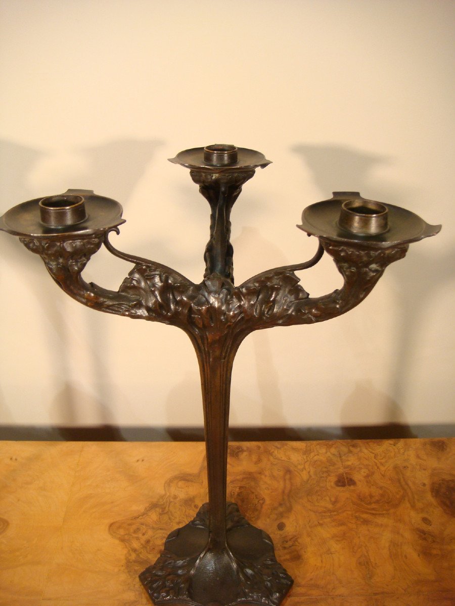 Pair Of Bronze Candelabras With Plants, Art Nouveau Period -photo-3