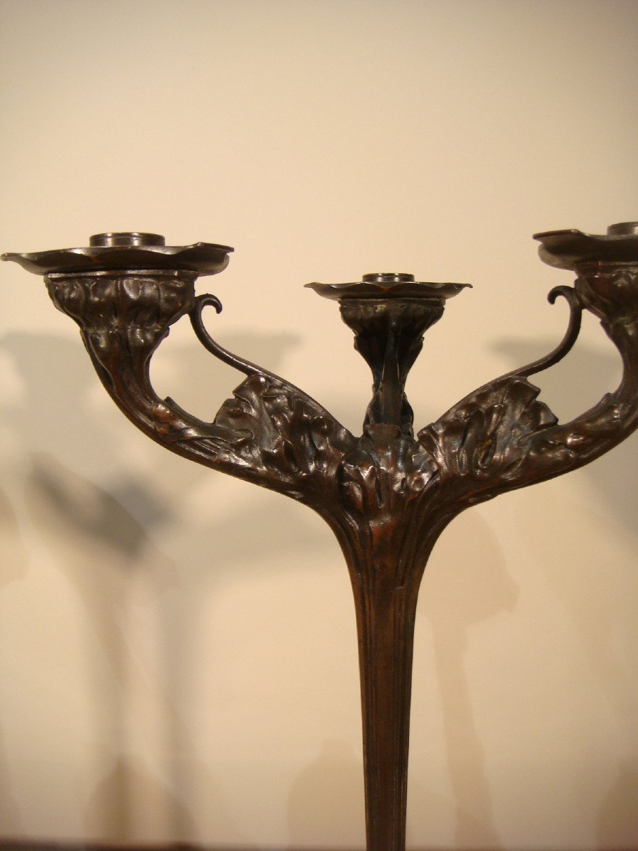 Pair Of Bronze Candelabras With Plants, Art Nouveau Period -photo-4