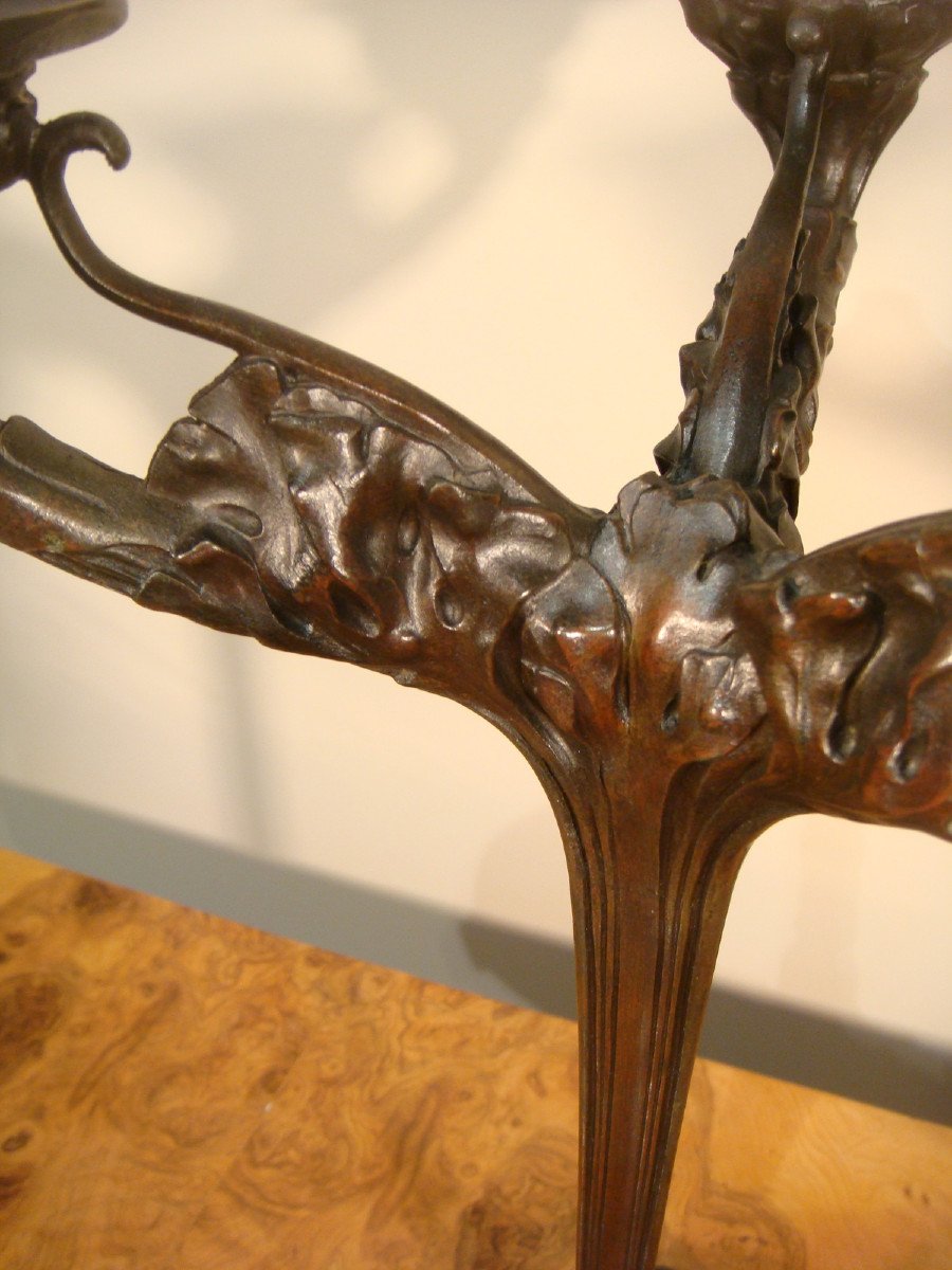 Pair Of Bronze Candelabras With Plants, Art Nouveau Period -photo-3