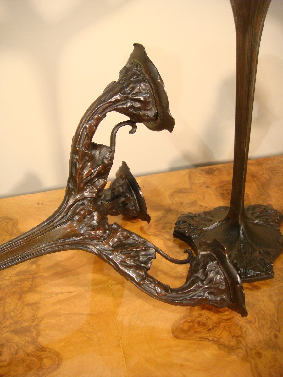 Pair Of Bronze Candelabras With Plants, Art Nouveau Period -photo-6