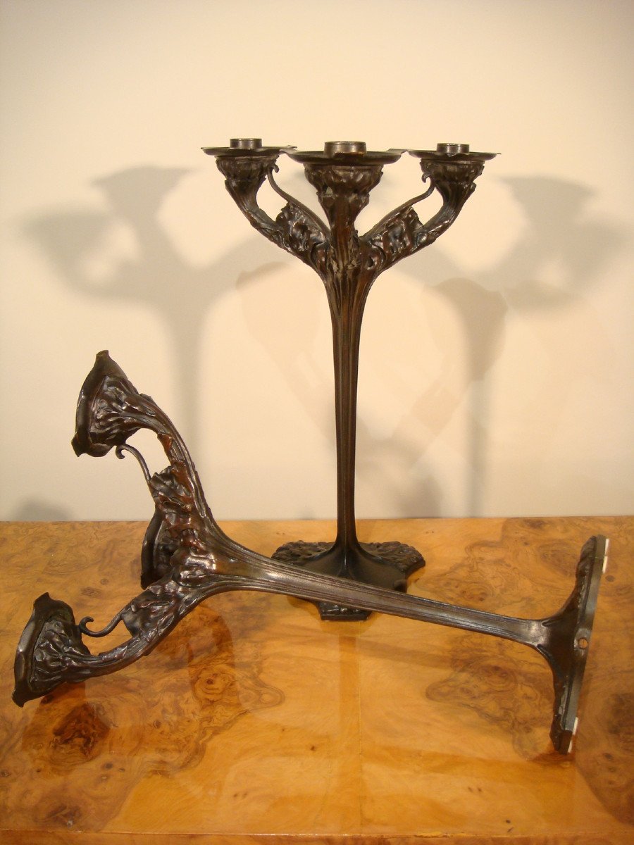 Pair Of Bronze Candelabras With Plants, Art Nouveau Period -photo-8