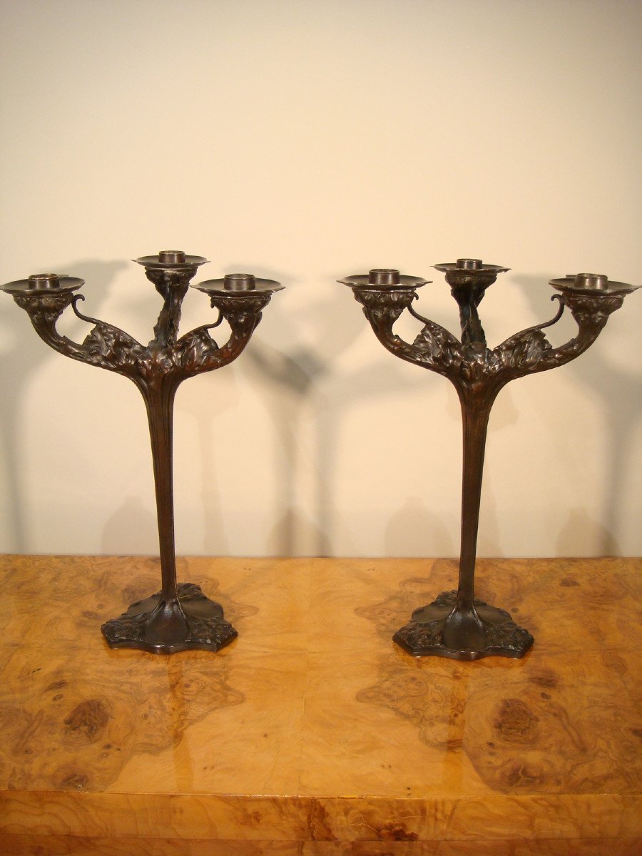 Pair Of Bronze Candelabras With Plants, Art Nouveau Period 