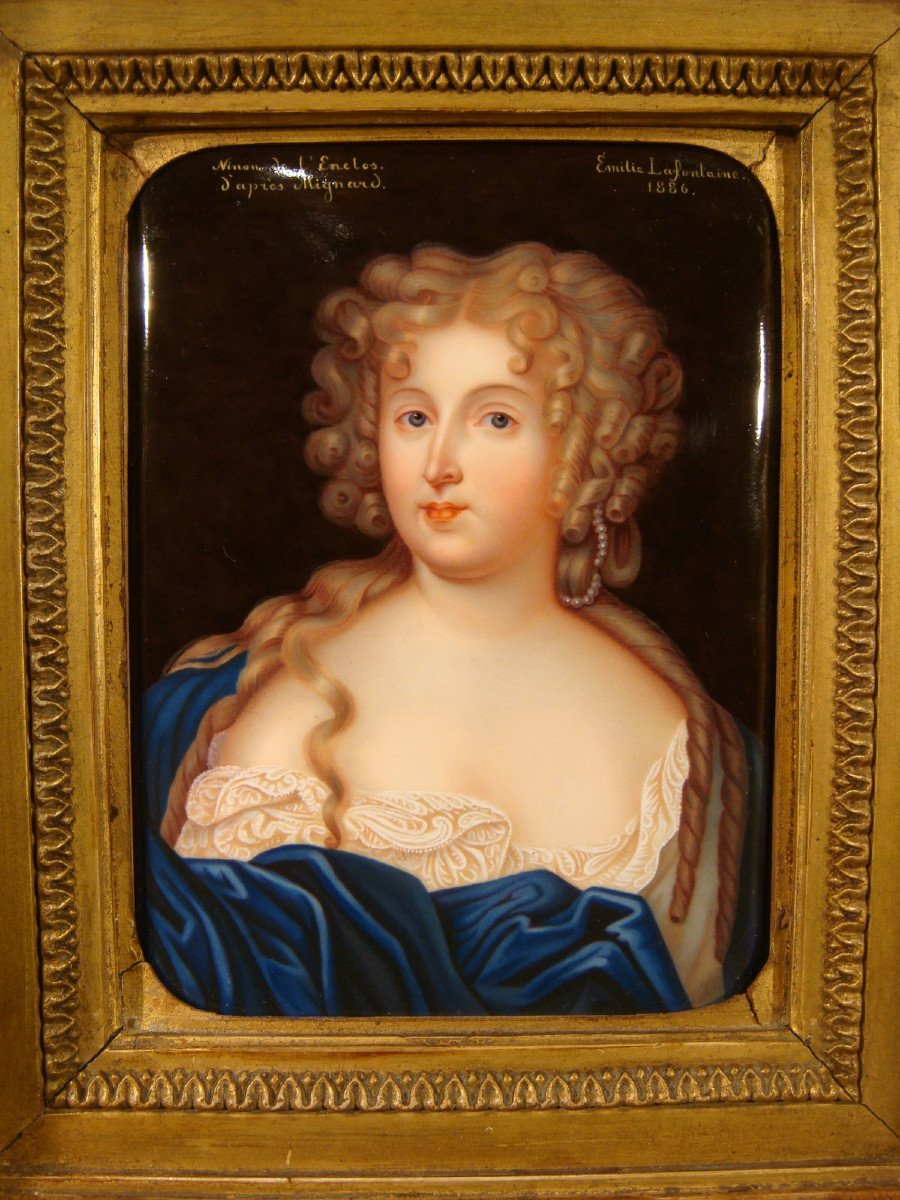 Portrait Painting On Enamel Of Ninon De l'Enclos Lafontaine - Swiss School-photo-3