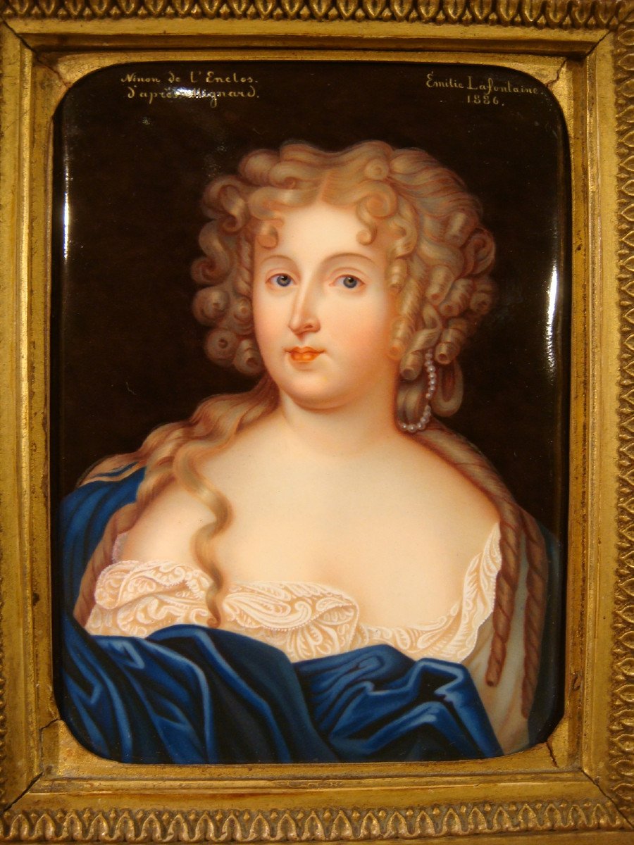 Portrait Painting On Enamel Of Ninon De l'Enclos Lafontaine - Swiss School-photo-8