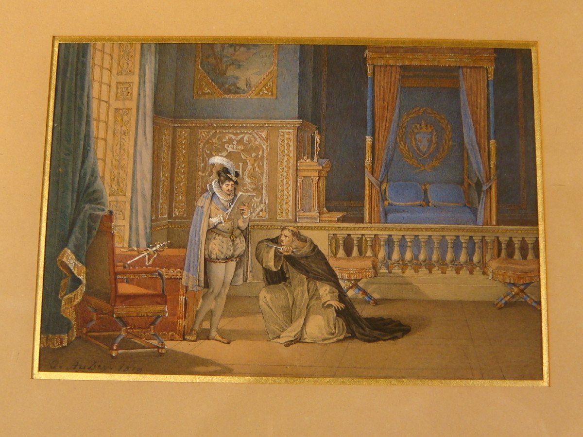 Dessin Aquarelle Assassinat D’henri III Charles Aubry - Epoque Restauration -photo-3