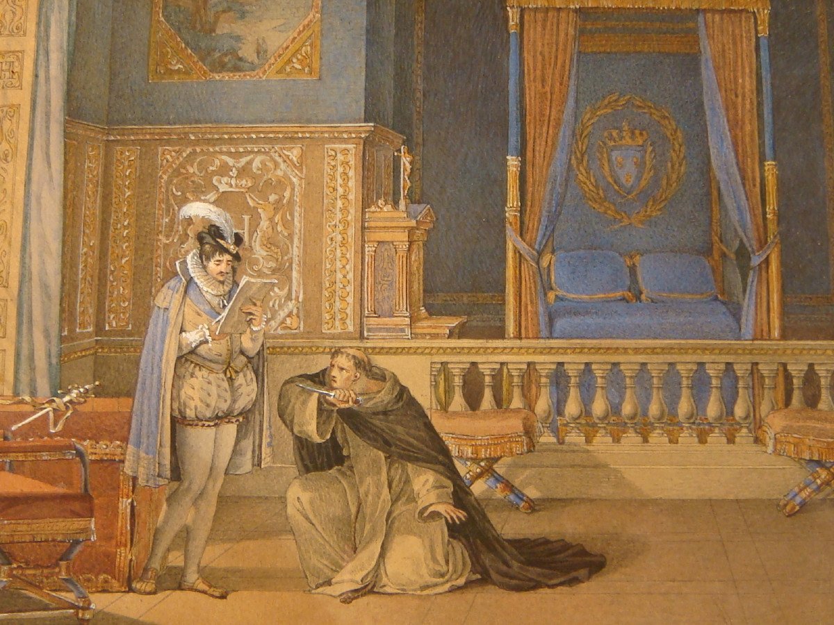 Dessin Aquarelle Assassinat D’henri III Charles Aubry - Epoque Restauration -photo-4