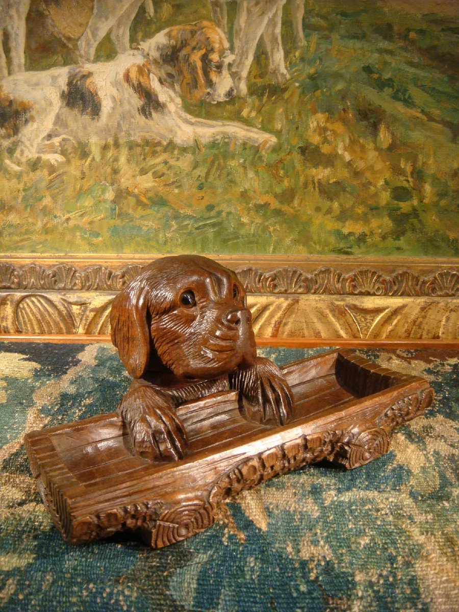 Encrier à Tête De Chien En Bois Sculpté-photo-5