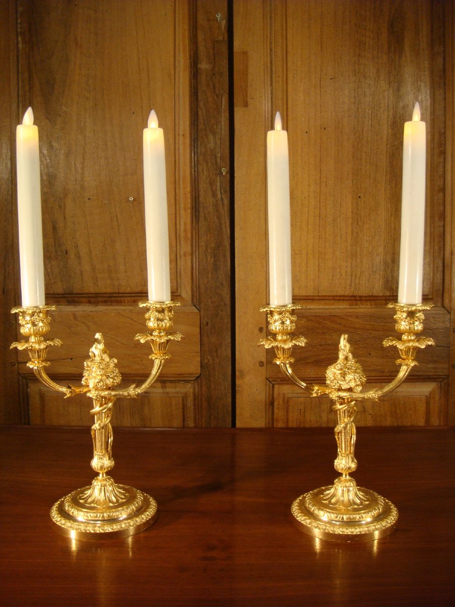 Pair Of Two-light Candlesticks In Gilt Bronze-photo-2