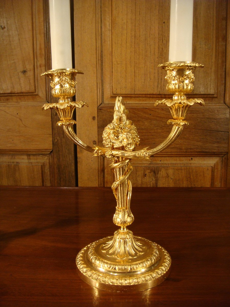 Pair Of Two-light Candlesticks In Gilt Bronze-photo-3