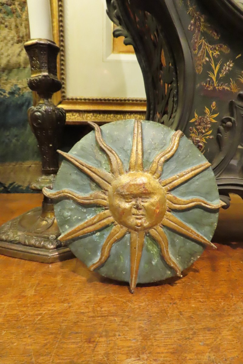 Radiant Sun Head In Carved And Gilded Wood, 18th Century -photo-2