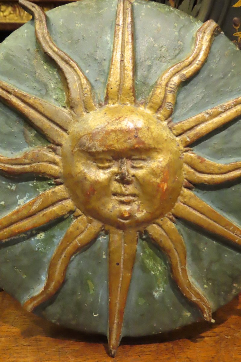 Radiant Sun Head In Carved And Gilded Wood, 18th Century -photo-3