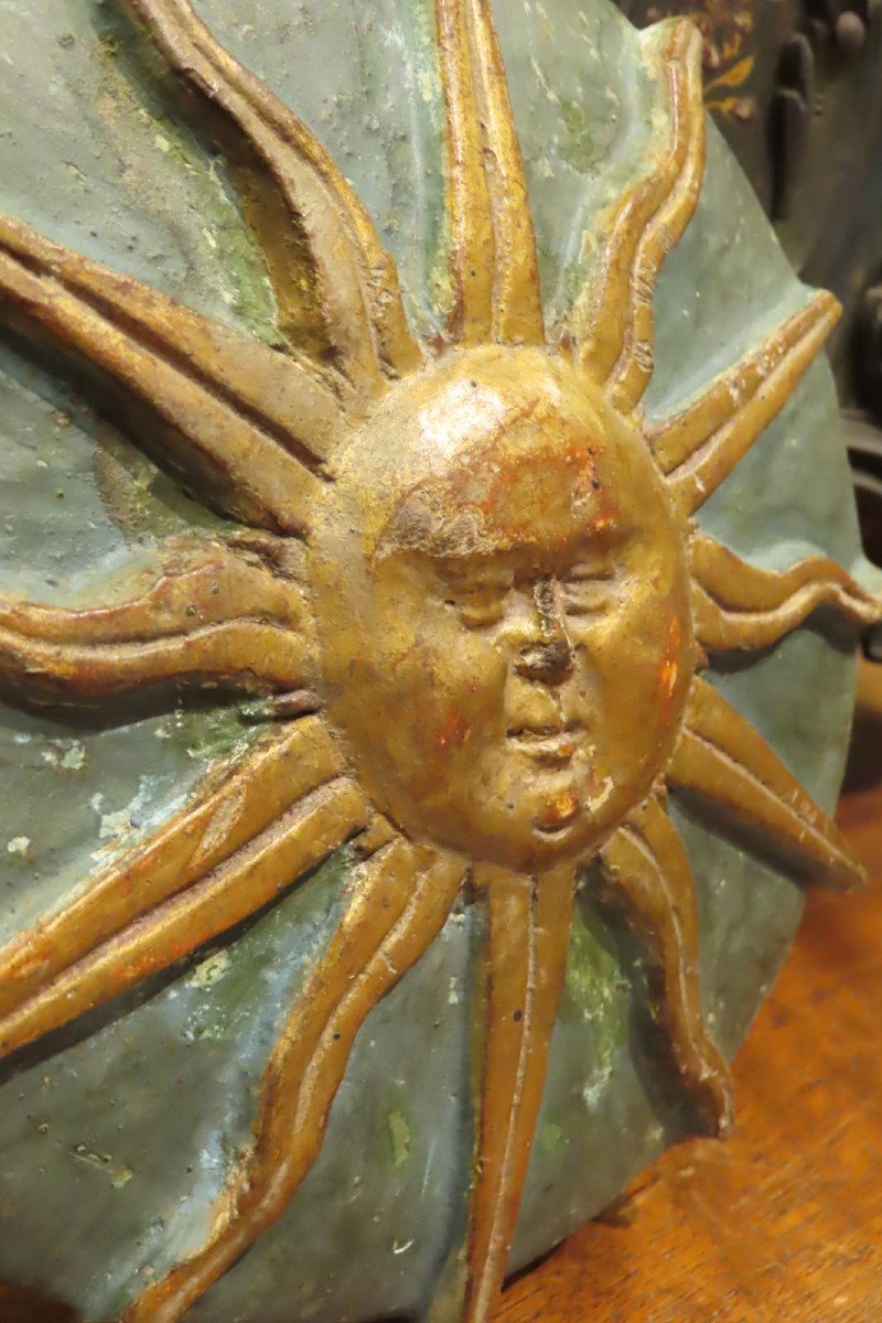 Radiant Sun Head In Carved And Gilded Wood, 18th Century -photo-4