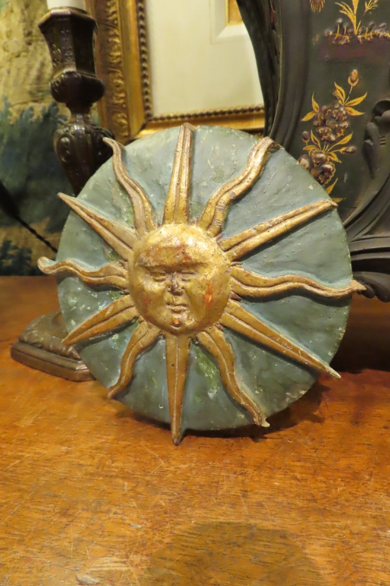 Radiant Sun Head In Carved And Gilded Wood, 18th Century -photo-2