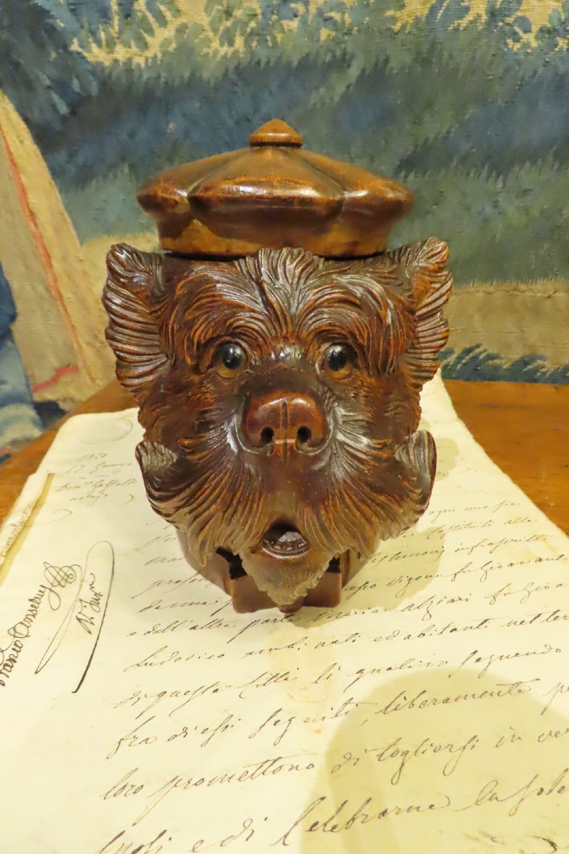 Inkwell Dog Head Carved Wood Scottish Terrier Period 1900 -photo-2