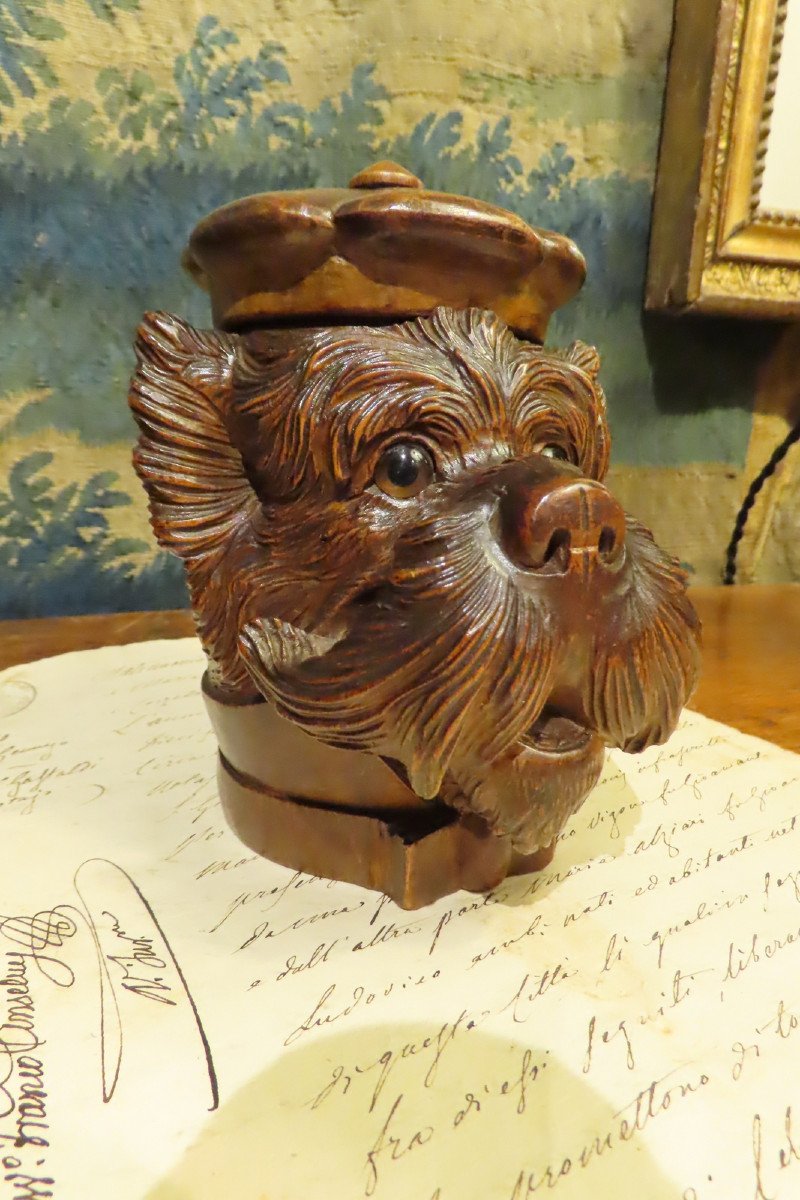 Inkwell Dog Head Carved Wood Scottish Terrier Period 1900 -photo-3