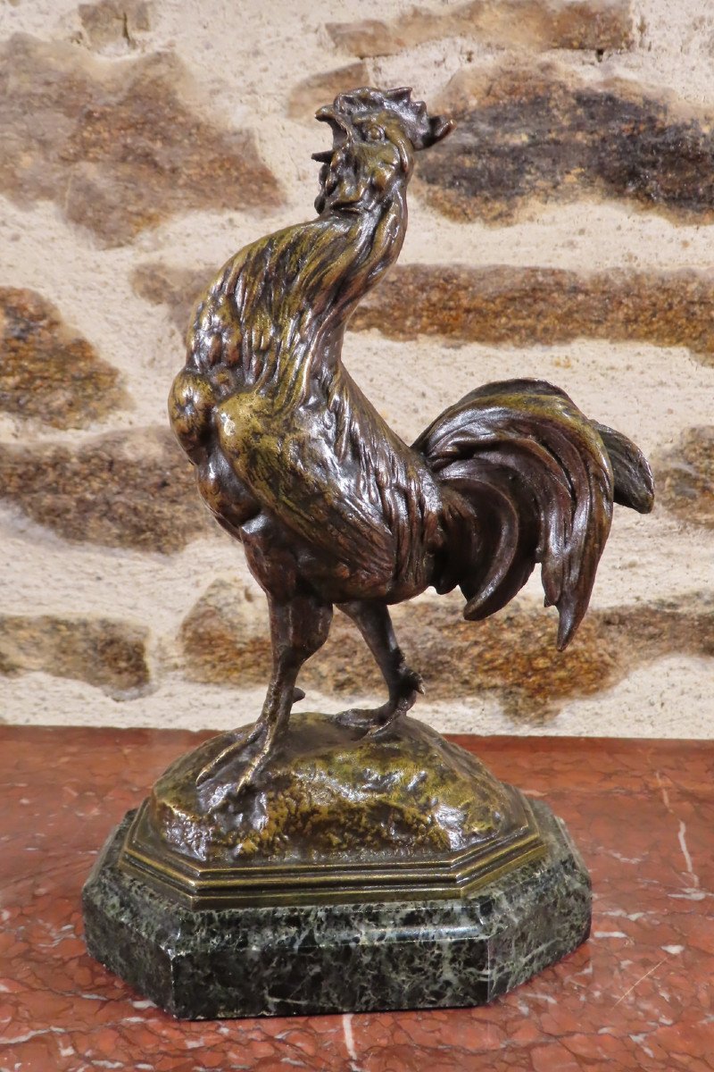 Bronze Sculpture Of A Singing Rooster Barye - Late 19th Century Period -photo-2