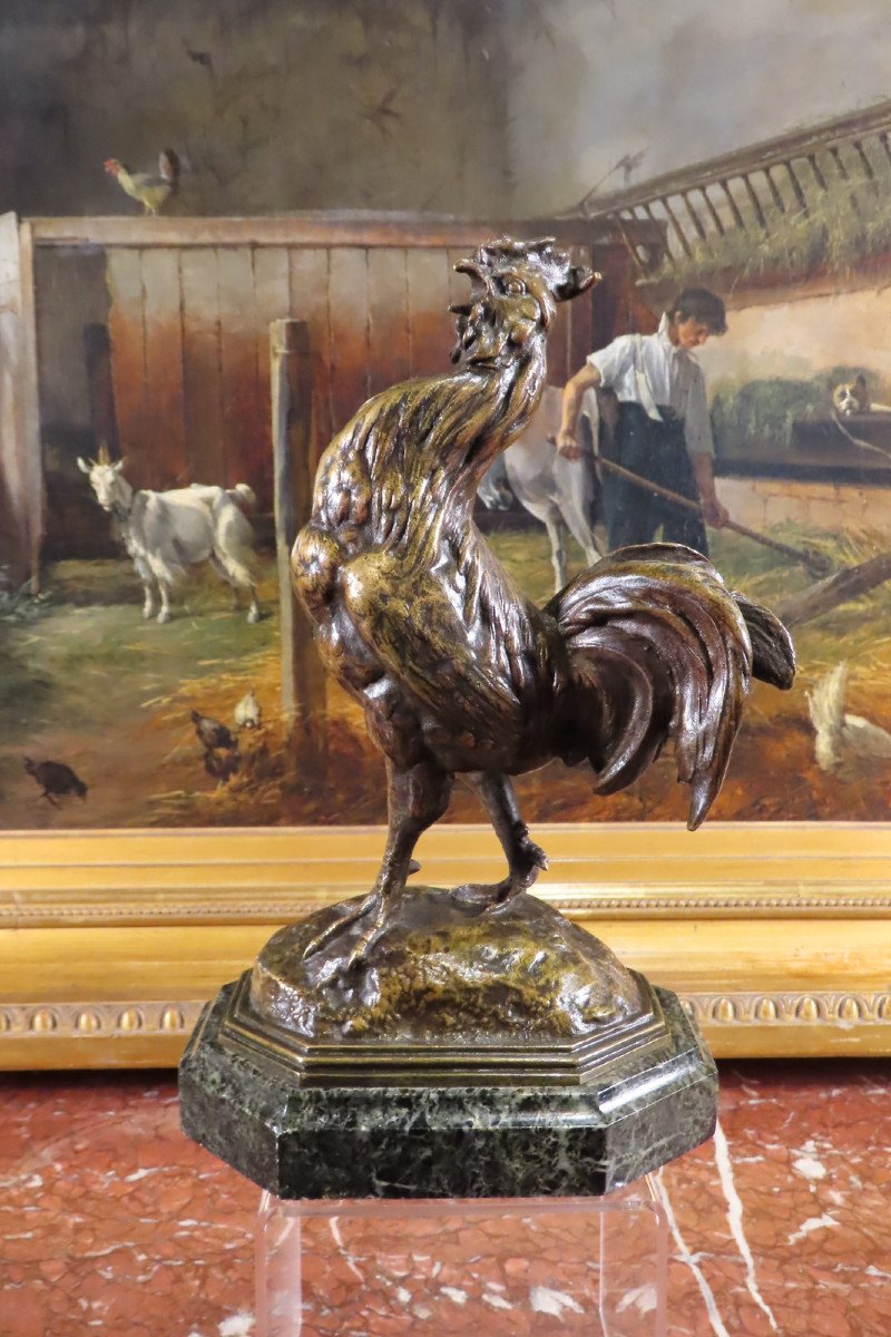 Bronze Sculpture Of A Singing Rooster Barye - Late 19th Century Period 