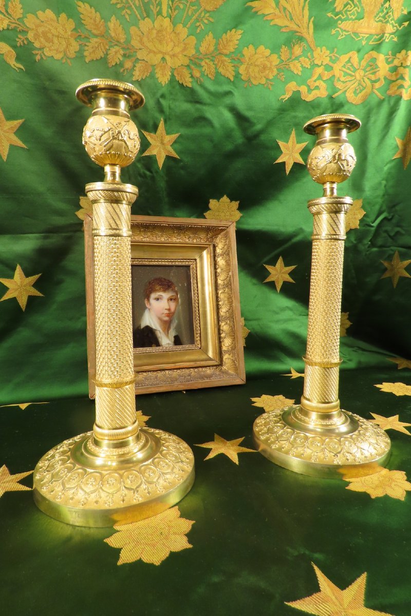 Pair Of Large Gilt Bronze Candlesticks, Empire Period, Early 19th Century -photo-2