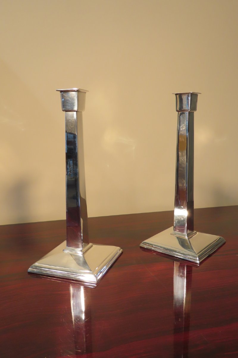 Pair Of Art Deco Style Silver-plated Bronze Candlesticks -photo-2