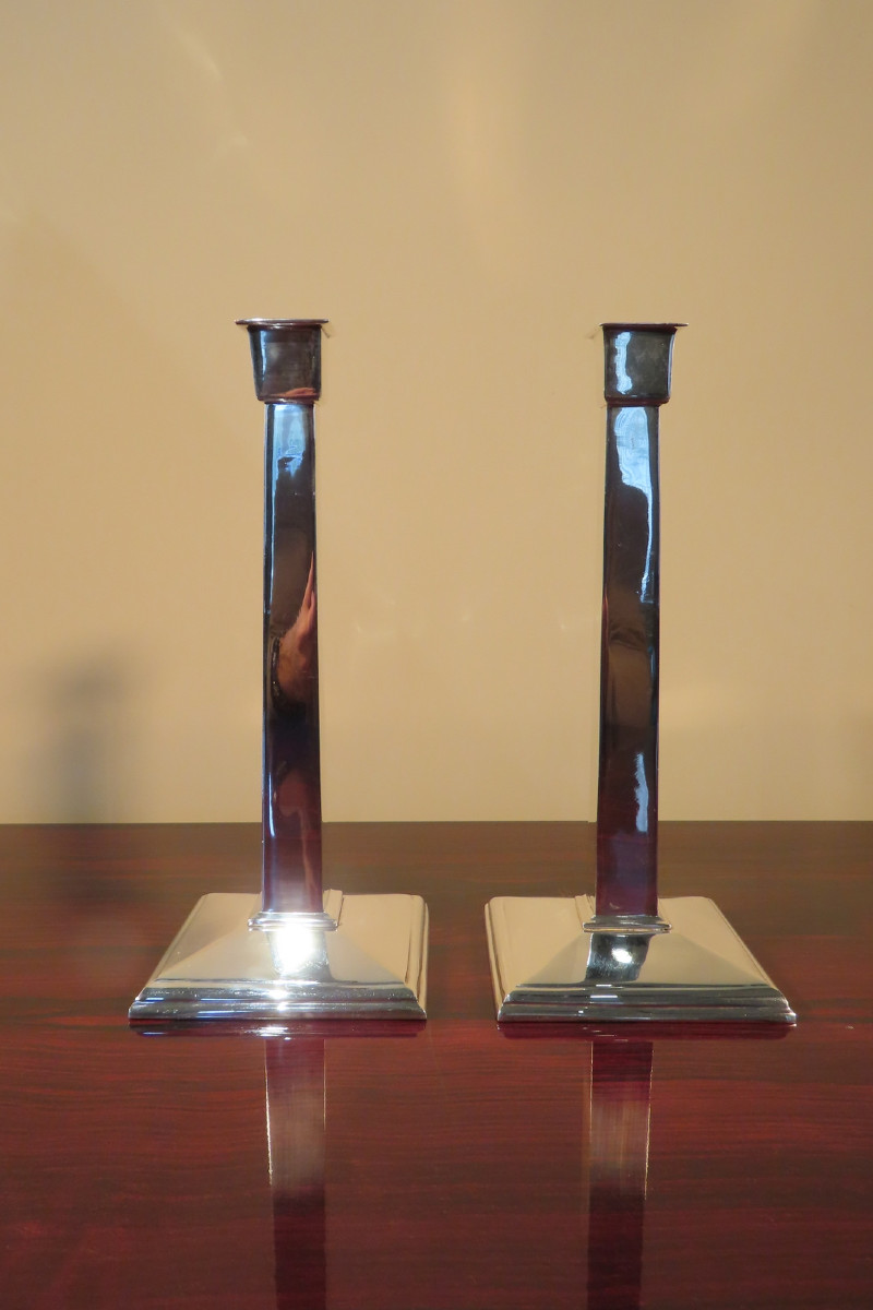 Pair Of Art Deco Style Silver-plated Bronze Candlesticks -photo-4