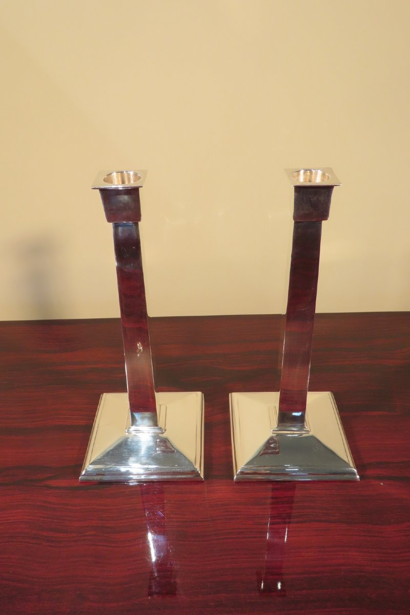 Pair Of Art Deco Style Silver-plated Bronze Candlesticks -photo-1