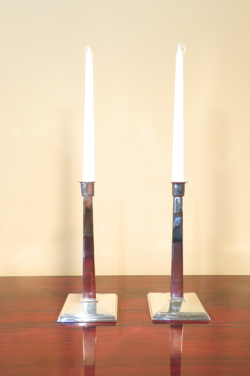 Pair Of Art Deco Style Silver-plated Bronze Candlesticks 