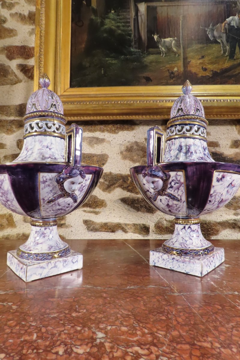 Pair Of Earthenware Cassolette Vases From The Moulin Des Loups, Late 19th Century -photo-4