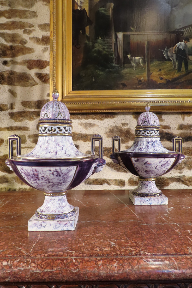 Pair Of Earthenware Cassolette Vases From The Moulin Des Loups, Late 19th Century 