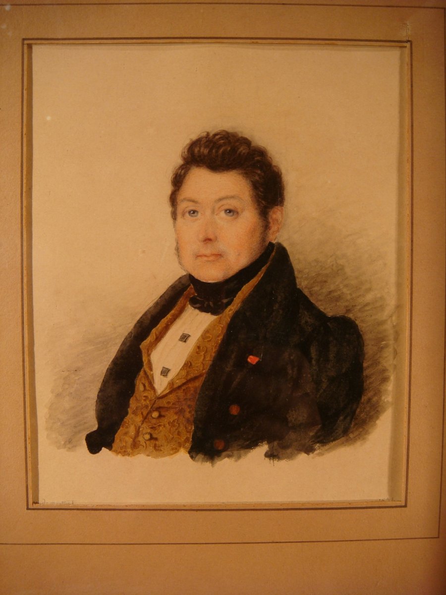 Portrait Man Watercolor From V. De Montford - Restoration Era-photo-4