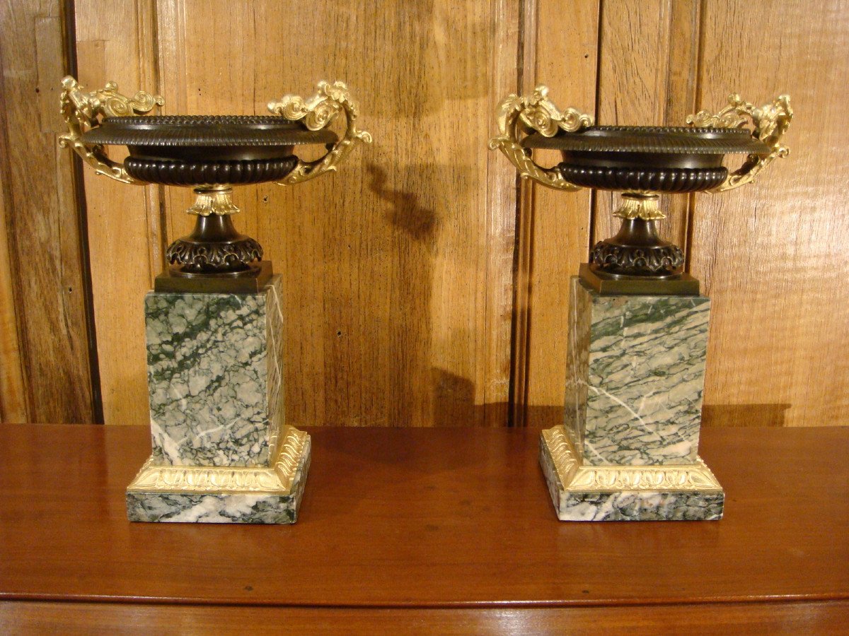 Pair Of Bronze And Marble Casserole Cups - Charles X Period-photo-2