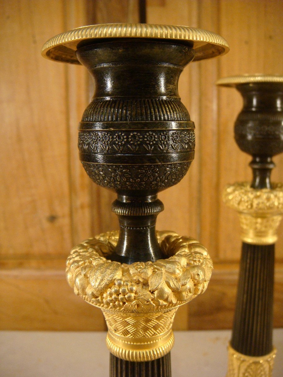 Pair Of Bronze Candlesticks With Fruit Baskets - Charles X Period-photo-3