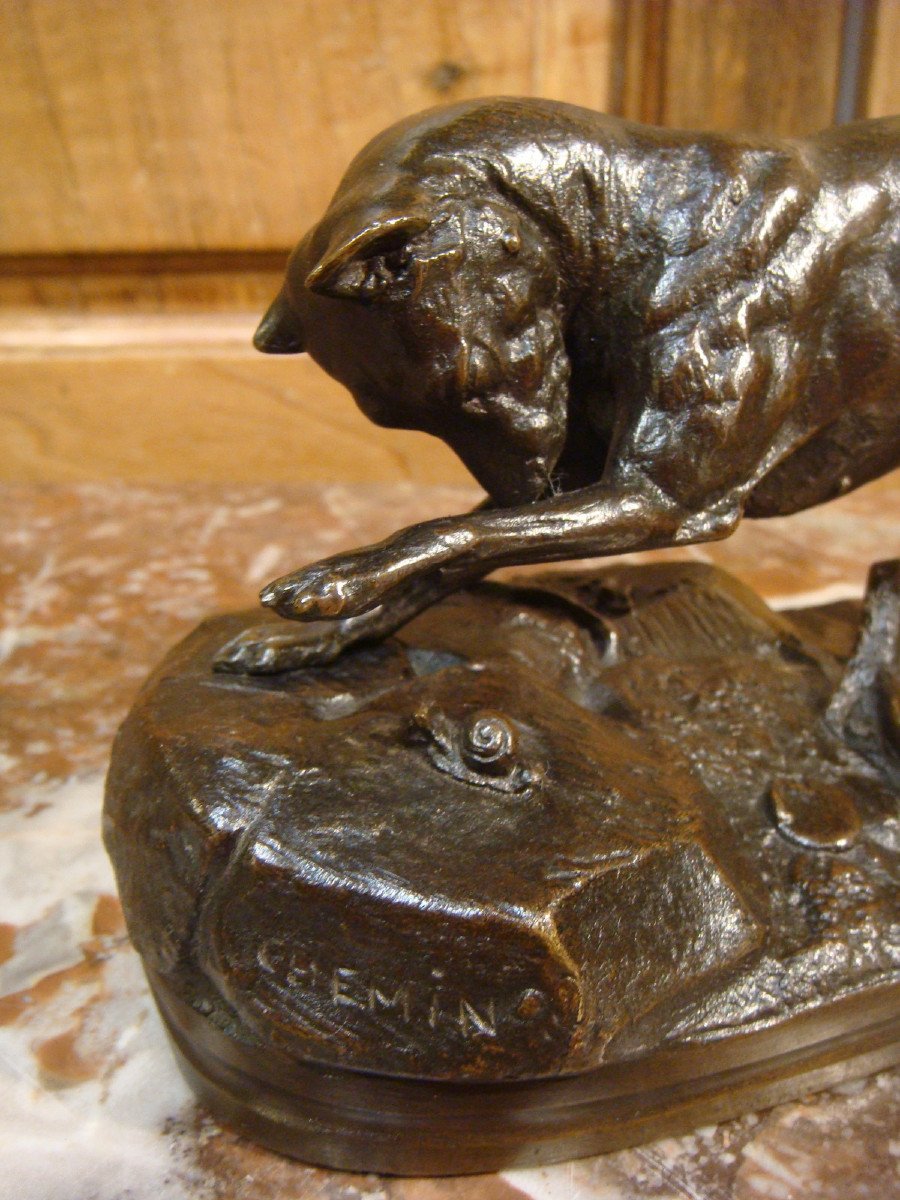 Dog Bronze Playing With A Snail Signed De Chemin-photo-2