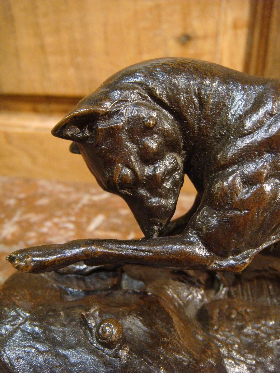 Dog Bronze Playing With A Snail Signed De Chemin-photo-3