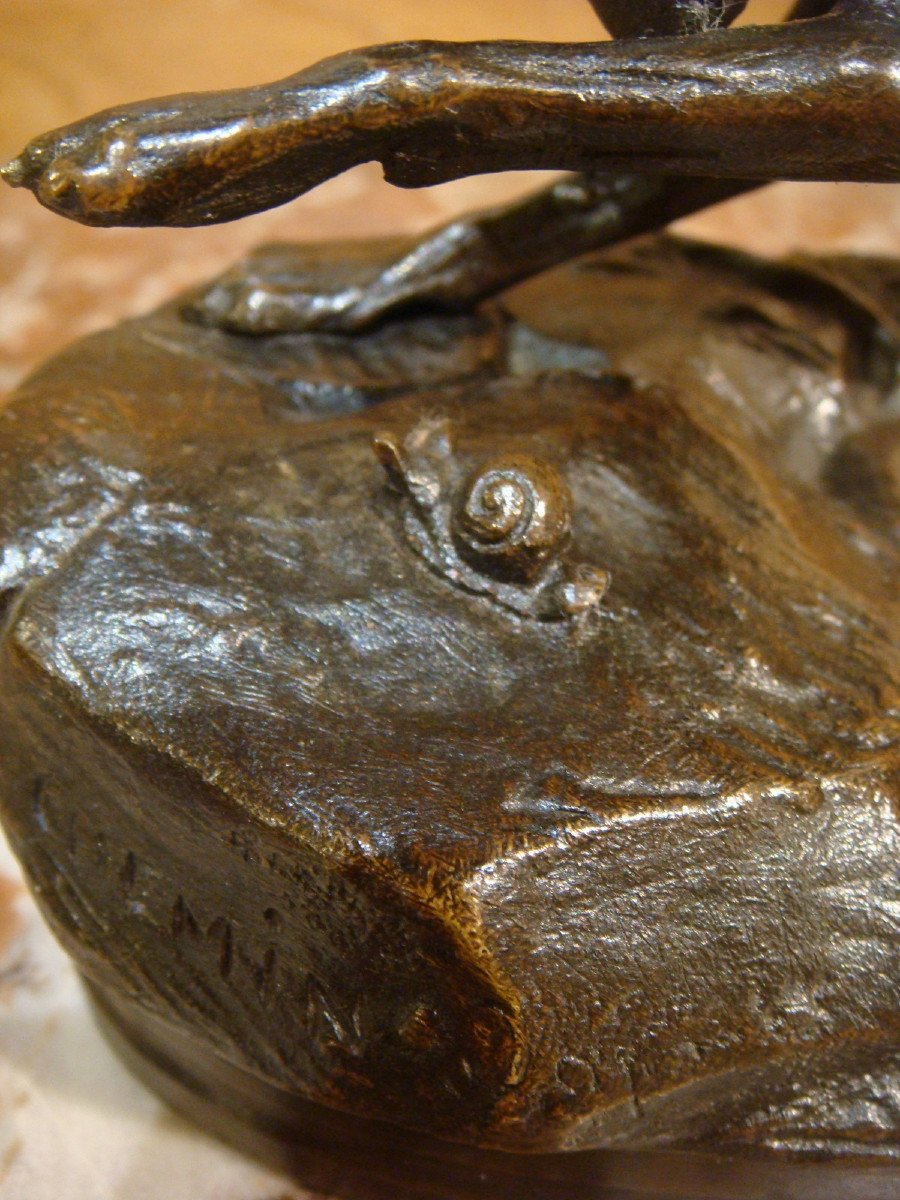 Dog Bronze Playing With A Snail Signed De Chemin-photo-1