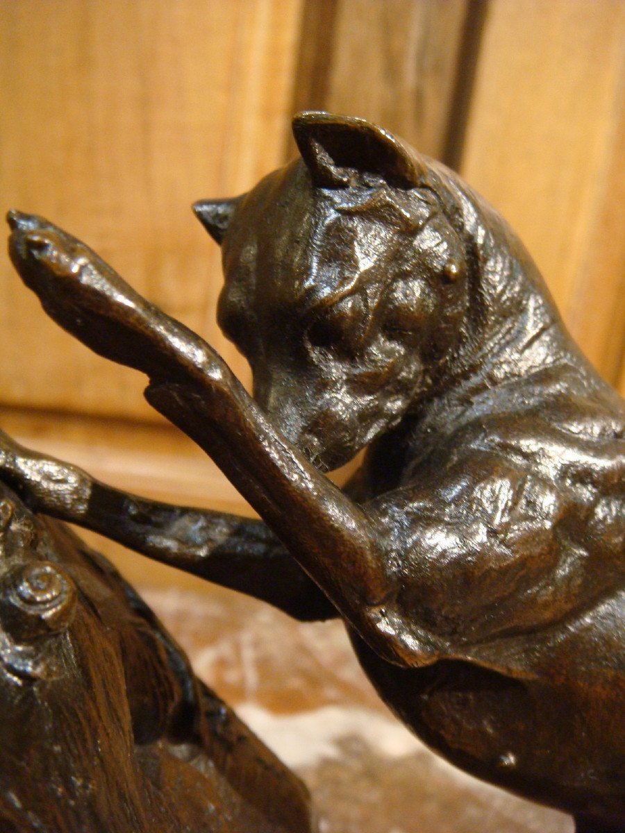 Dog Bronze Playing With A Snail Signed De Chemin-photo-6