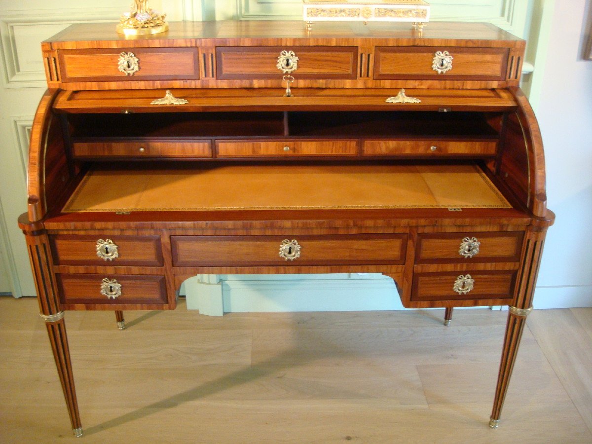 Cylinder Desk In Stamped Marquetry - Louis XVI Period-photo-4