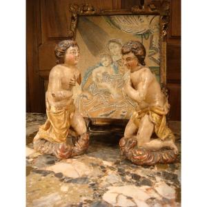 Small Sculpture Angels In Polychrome Wood Epoque XVIII