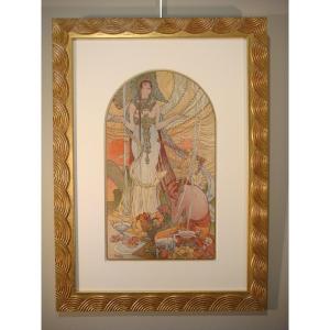 Lithographie Originale Incantation Salammbo Muscha Epoque Art Nouveau 