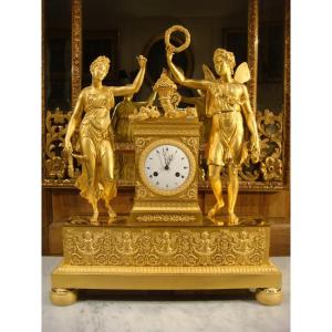Large Clock In Chiseled And Gilded Bronze, Empire Restoration Period