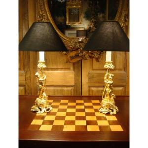 Pair Of Gilt Bronze Candlesticks Lamps With Cupids