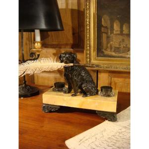 Marble Desk Inkwell And Bronze Dog