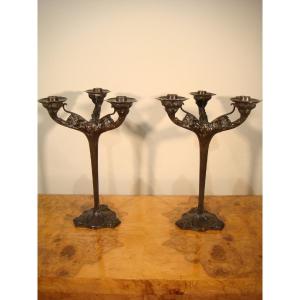 Pair Of Bronze Candelabras With Plants, Art Nouveau Period 