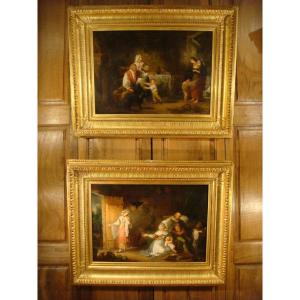 Pair Of Interior Scene Paintings By Emma De Bay - Early 19th Century