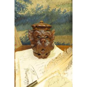 Inkwell Dog Head Carved Wood Scottish Terrier Period 1900 