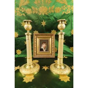 Pair Of Large Gilt Bronze Candlesticks, Empire Period, Early 19th Century 