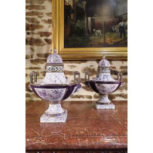 Pair Of Earthenware Cassolette Vases From The Moulin Des Loups, Late 19th Century 