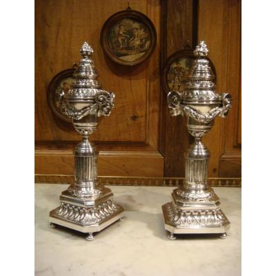 Pair Of Candlesticks In Silver Bronze Cassolettes - Louis XVI Style